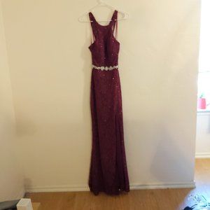 City Studios Maroon Lace Design Slit Prom Dress